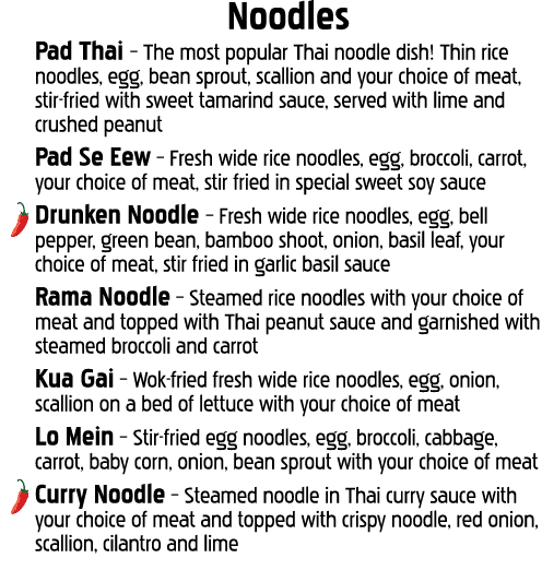 Noodles Pad Thai   The most popular Thai noodle dish  Thin rice noodles, egg, bean sprout, scallion and your choice o   