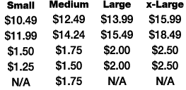 Small  10 49  11 99  1 50  1 25 N A Medium  12 49  14 24  1 75  1 50  1 75 Large  13 99  15 49  2 00  2 00 N A x-Larg   