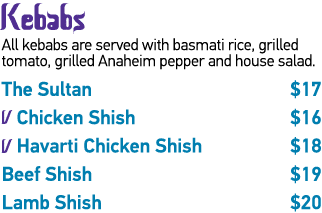Kebabs All kebabs are served with basmati rice, grilled tomato, grilled Anaheim pepper and house salad  The Sultan      