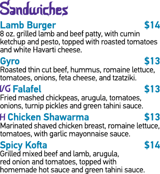 Sandwiches Lamb Burger  14 8 oz  grilled lamb and beef patty, with cumin ketchup and pesto, topped with roasted tomat   