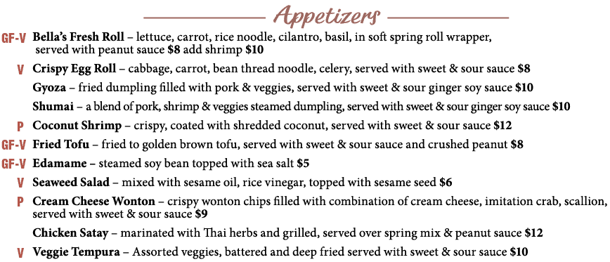  Bella s Fresh Roll   lettuce, carrot, rice noodle, cilantro, basil, in soft spring roll wrapper, served with peanut    