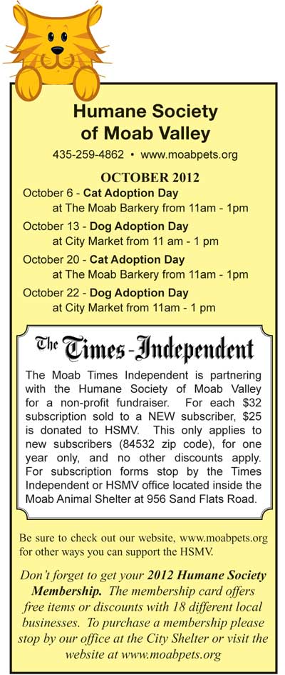 Humane Society of Moab Valley Adoption Day dates for September 2012